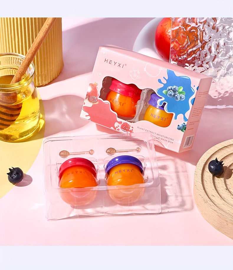 2pcs Honey Pot Shape Blueberry and Pomegranate Lip Mask Set - Lip Care and Makeup Lip Base for Moisturizing and Dark Lip Correction - Day and Night Lip Balm for Soft and Smooth Lips