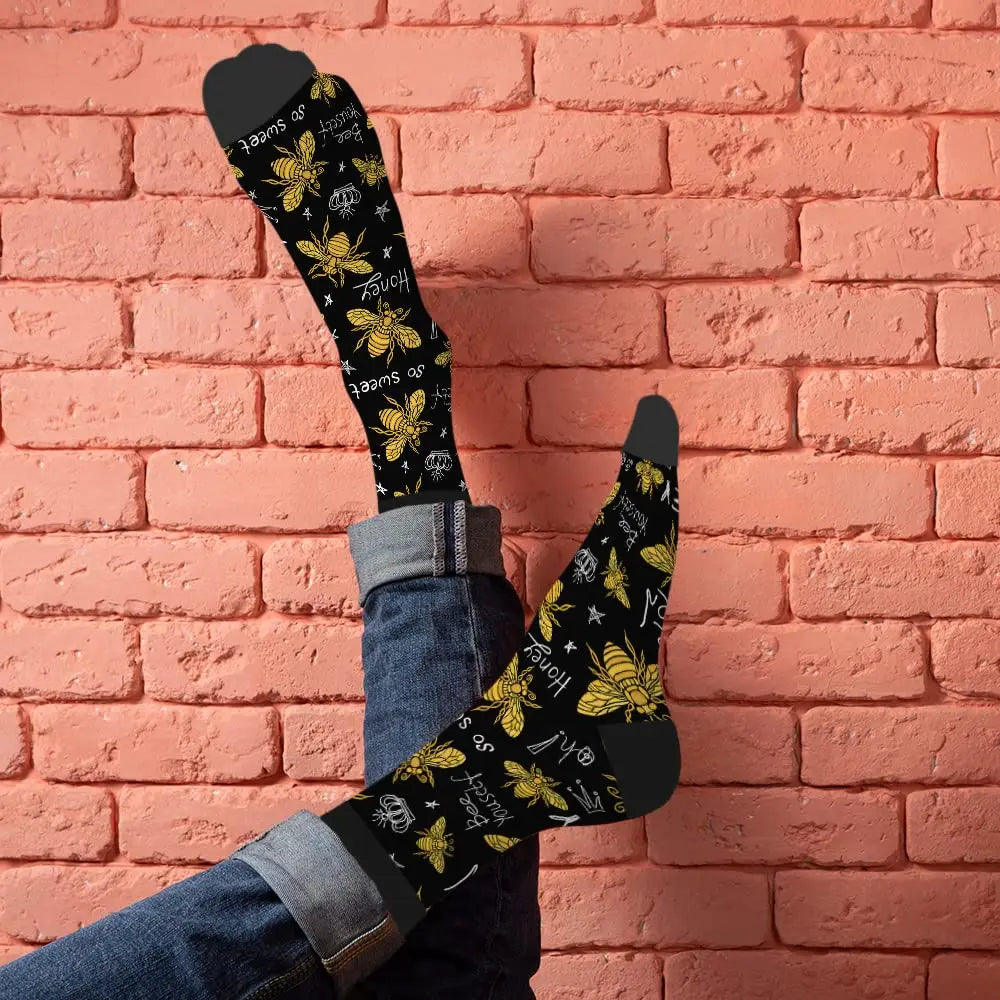 Honey Bee Funny Socks Golden Wings Insect And Queen Crown Black Fashion Style Casual Crew Socks Color Design For Women Men Gift
