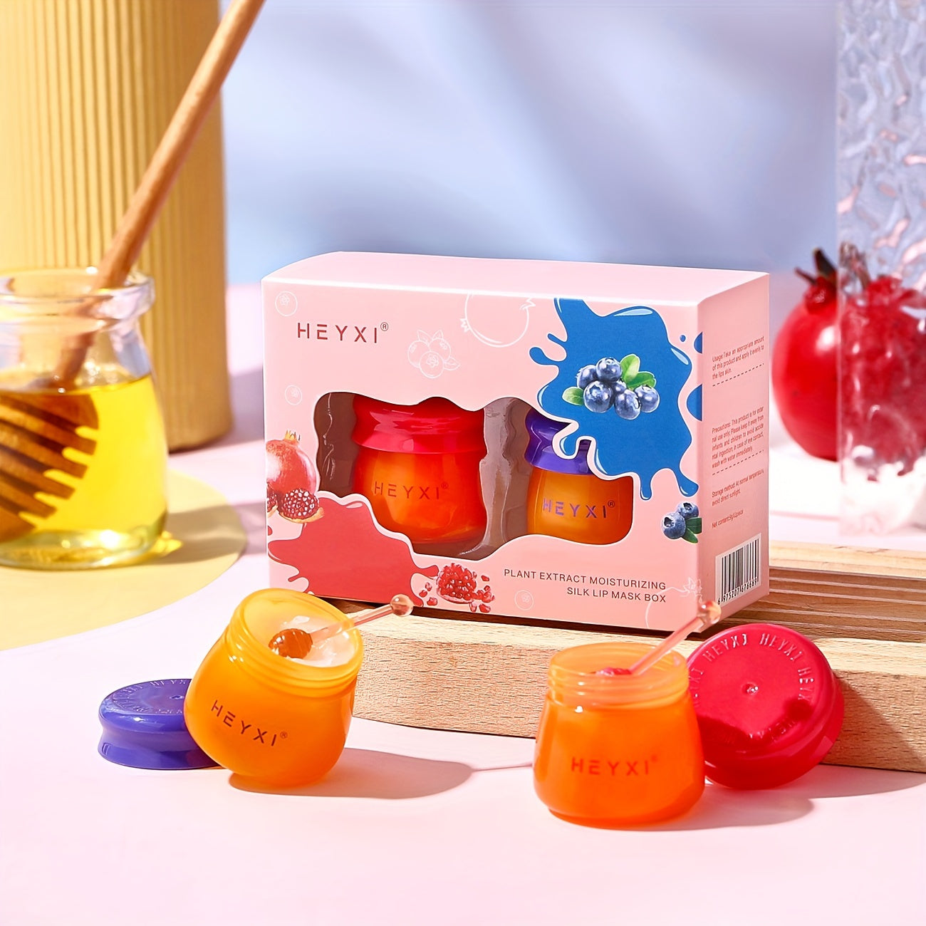 2pcs Honey Pot Shape Blueberry and Pomegranate Lip Mask Set - Lip Care and Makeup Lip Base for Moisturizing and Dark Lip Correction - Day and Night Lip Balm for Soft and Smooth Lips