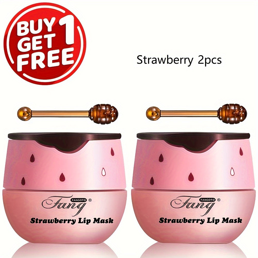 [Buy 1 Get 1 Free]2 Pack Bee Balm Lip Balm Honey Pot, Exfoliating Honey & Strawberry Propolis Lip Mask, Hydrating & Prevention Dry And Cracked Lip Scrubs Exfoliator Lip Sleeping Mask Reduces Lip Lines With Brush Lip Care Vale