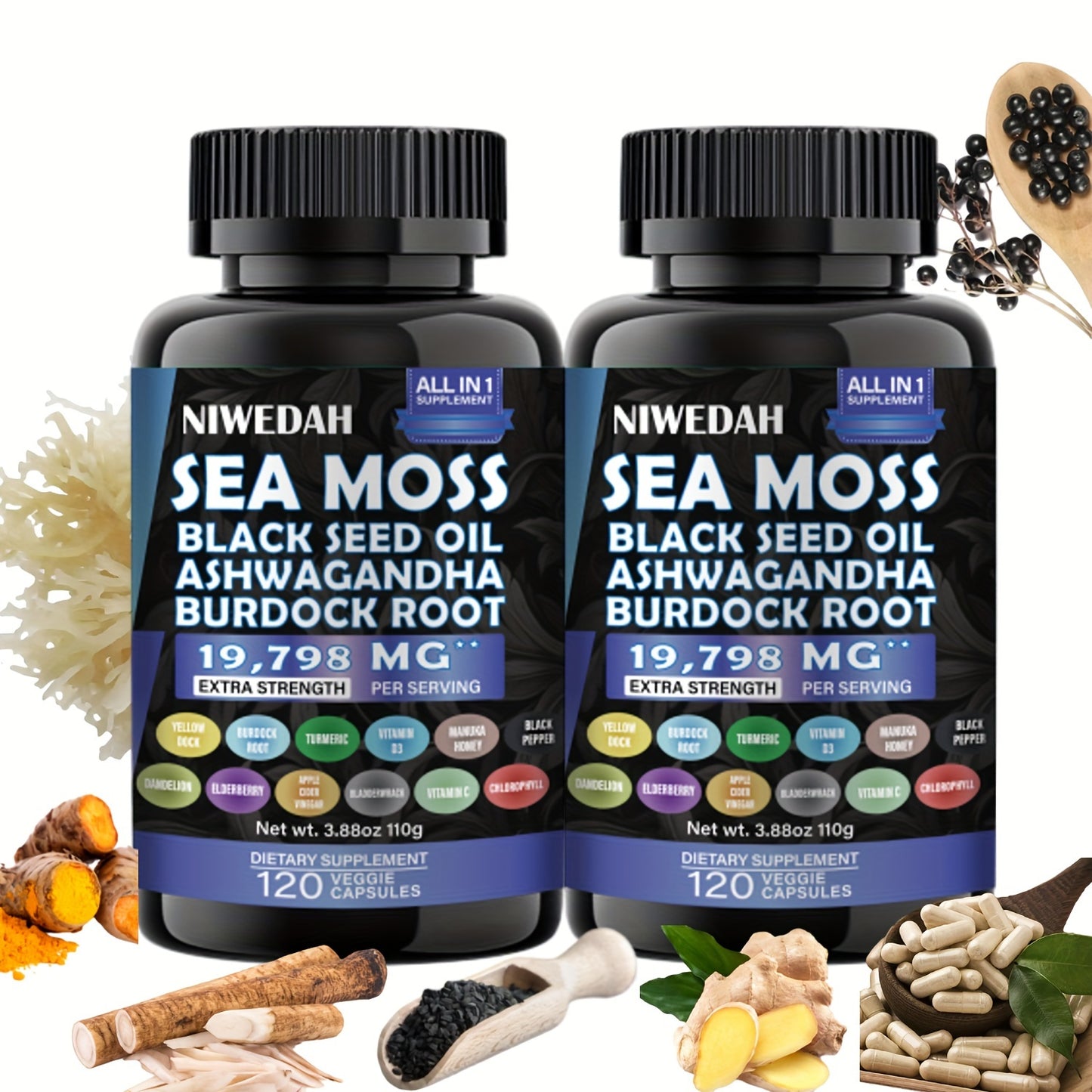 2pack-Sea Moss Black Seed Oil Ashwagandha Ginger Capsules. Sea Moss Capsules with Black Seed Oil, Ashwagandha, Turmeric, Moringa, Bladderwrack, Burdock Root, Manuka Honey, Cinnamon. 18-in-1 19798mg/Serv