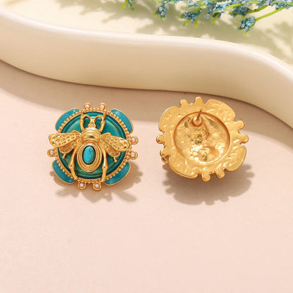 Elegant 18K Gold Plated Bee Charm Jewelry Set - Teal Enamel Ring, Pendant Necklace & Stud Earrings for Women
