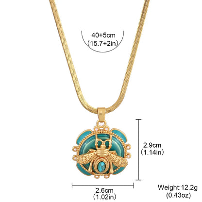 Elegant 18K Gold Plated Bee Charm Jewelry Set - Teal Enamel Ring, Pendant Necklace & Stud Earrings for Women