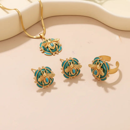 Elegant 18K Gold Plated Bee Charm Jewelry Set - Teal Enamel Ring, Pendant Necklace & Stud Earrings for Women