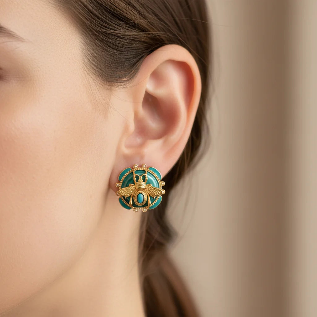 Elegant 18K Gold Plated Bee Charm Jewelry Set - Teal Enamel Ring, Pendant Necklace & Stud Earrings for Women