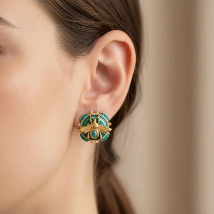 Elegant 18K Gold Plated Bee Charm Jewelry Set - Teal Enamel Ring, Pendant Necklace & Stud Earrings for Women