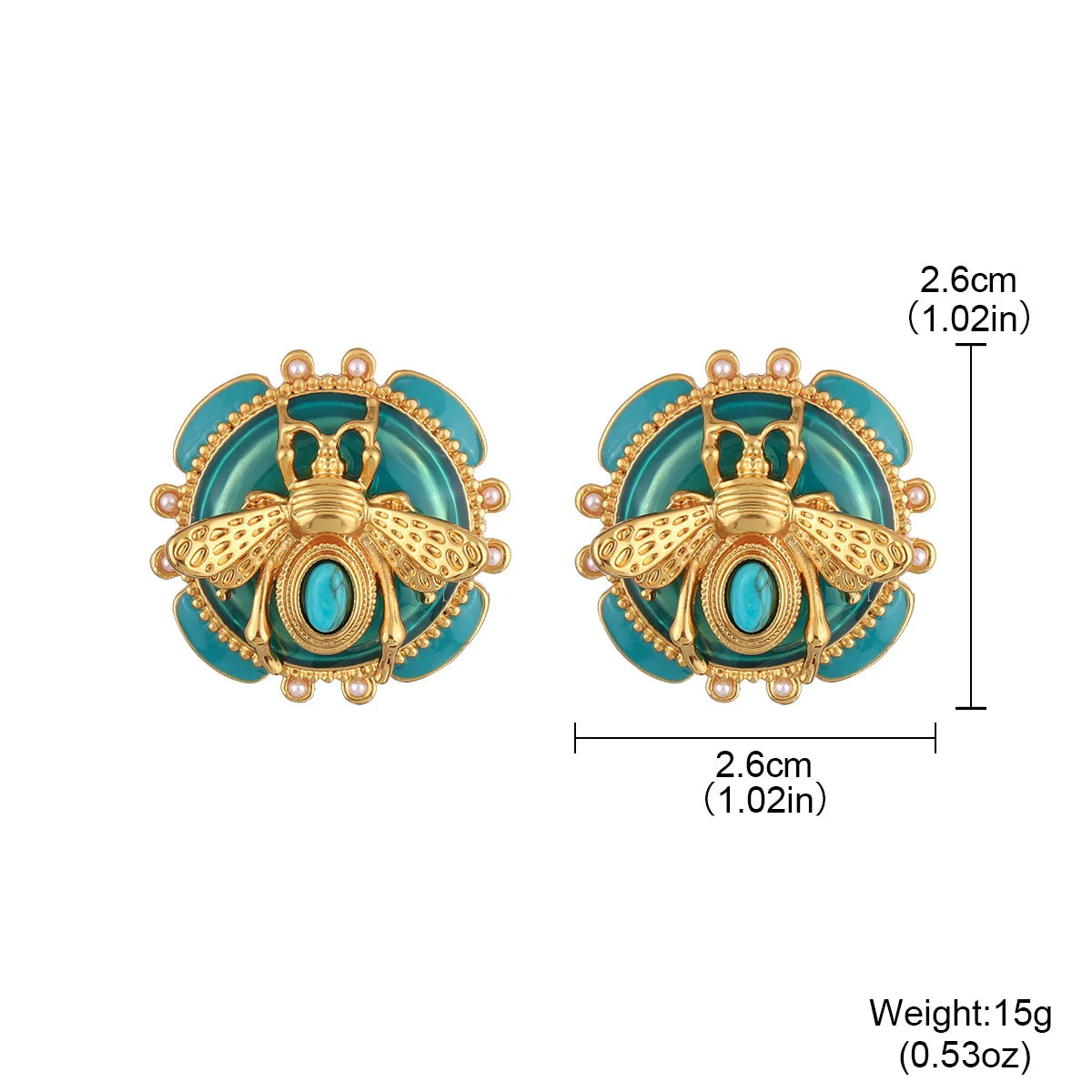 Elegant 18K Gold Plated Bee Charm Jewelry Set - Teal Enamel Ring, Pendant Necklace & Stud Earrings for Women