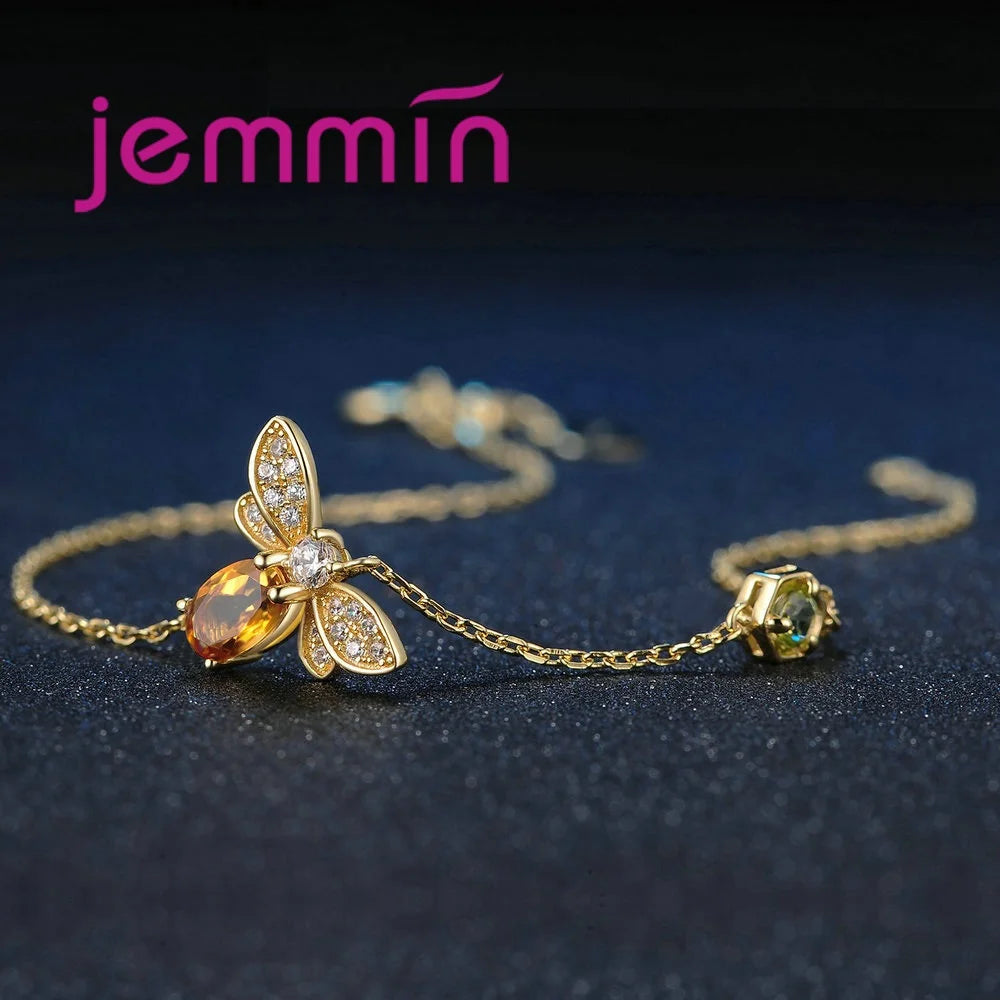 Cute Sweet 925 Sterling Silver Little Bee Crystal Zircon Adjustable Bracelets For Women Girls Wedding Party Fashion Jewelry Gift