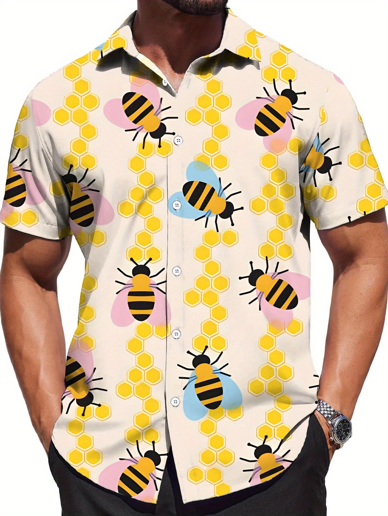 Retro Hawaiian Bee Print Shirt For Men Vacation Casual Short Sleeve Funny Shirts Streetwear Fashion Honey Insect Bee Blouse