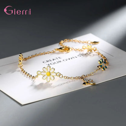 Colorful Bee Flower Pendant Bracelet Genuine 925 Sterling Silver Bracelet For Women Girls Wedding Party Jewelry Accessories
