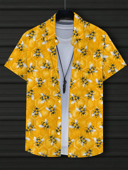 Retro Hawaiian Bee Print Shirt For Men Vacation Casual Short Sleeve Funny Shirts Streetwear Fashion Honey Insect Bee Blouse