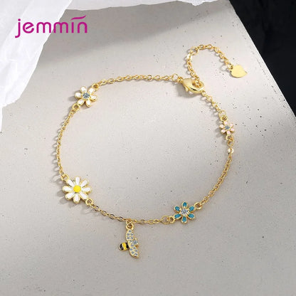 Colorful Bee Flower Pendant Bracelet For Women Girls Genuine 925 Sterling Silver Bracelet Wedding Party Jewelry Accessories