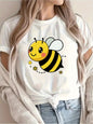 Women's Casual Short Sleeve T-Shirt Cute Cartoon Bee & Floral Print Breathable Round Neck Tee for Spring/Summer