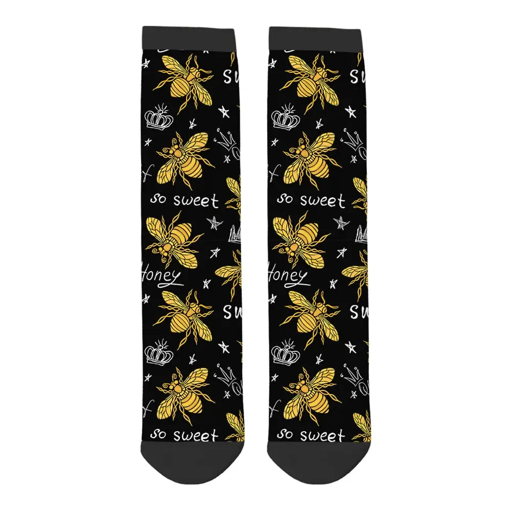 Honey Bee Funny Socks Golden Wings Insect And Queen Crown Black Fashion Style Casual Crew Socks Color Design For Women Men Gift