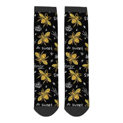 Honey Bee Funny Socks Golden Wings Insect And Queen Crown Black Fashion Style Casual Crew Socks Color Design For Women Men Gift