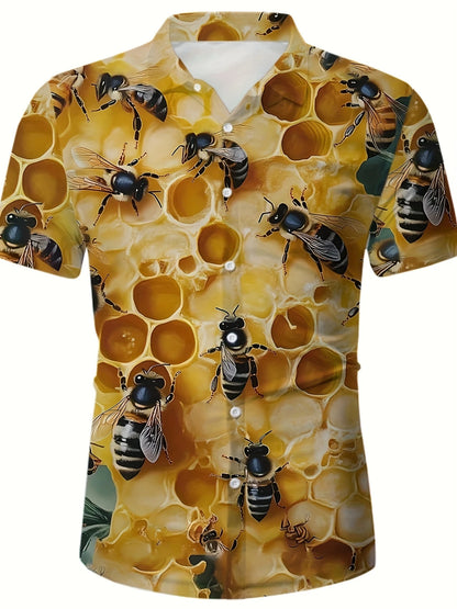 Retro Hawaiian Bee Print Shirt For Men Vacation Casual Short Sleeve Funny Shirts Streetwear Fashion Honey Insect Bee Blouse