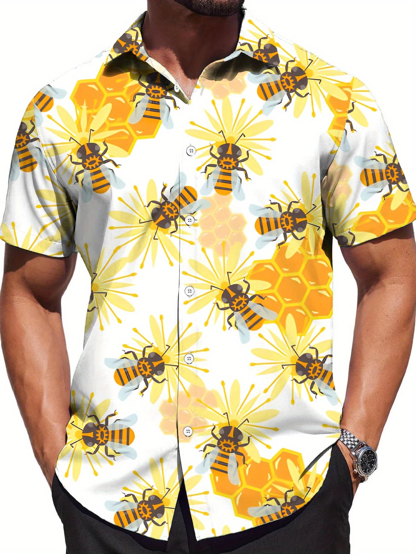 Retro Hawaiian Bee Print Shirt For Men Vacation Casual Short Sleeve Funny Shirts Streetwear Fashion Honey Insect Bee Blouse