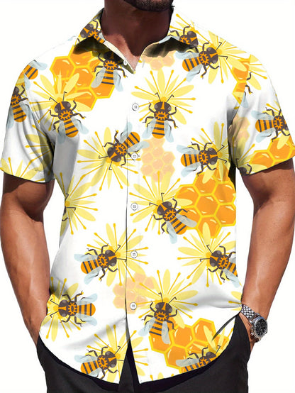 Retro Hawaiian Bee Print Shirt For Men Vacation Casual Short Sleeve Funny Shirts Streetwear Fashion Honey Insect Bee Blouse