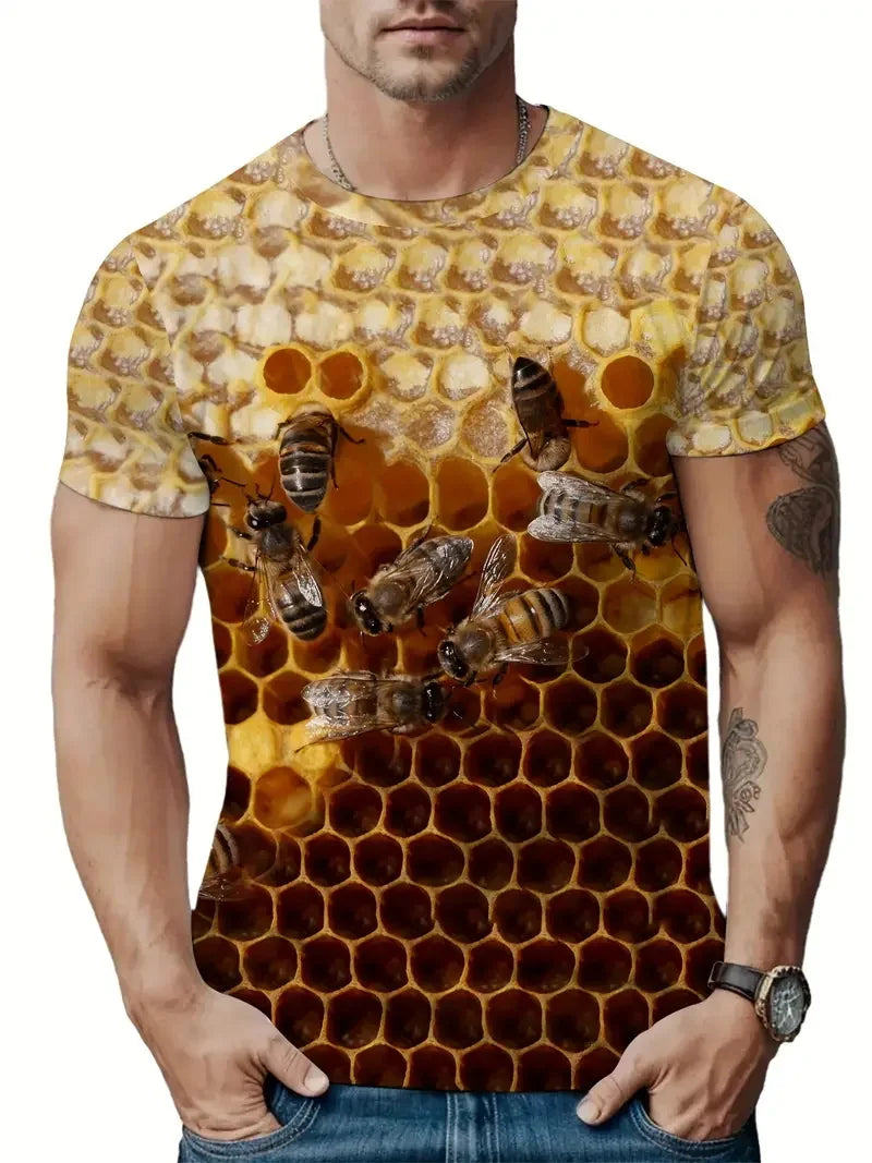 Men's Casual Honeycomb Bee Print T-Shirt Casual Round Neck Short Sleeve Tshirts Clothes New In Funny Bee Graphic T Shirts Tops