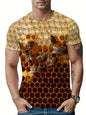 Men's Casual Honeycomb Bee Print T-Shirt Casual Round Neck Short Sleeve Tshirts Clothes New In Funny Bee Graphic T Shirts Tops