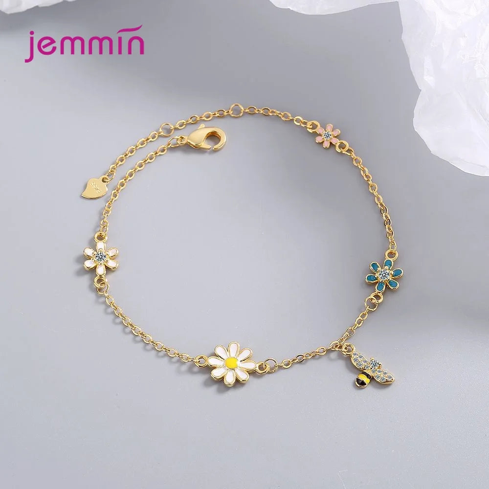 Colorful Bee Flower Pendant Bracelet For Women Girls Genuine 925 Sterling Silver Bracelet Wedding Party Jewelry Accessories