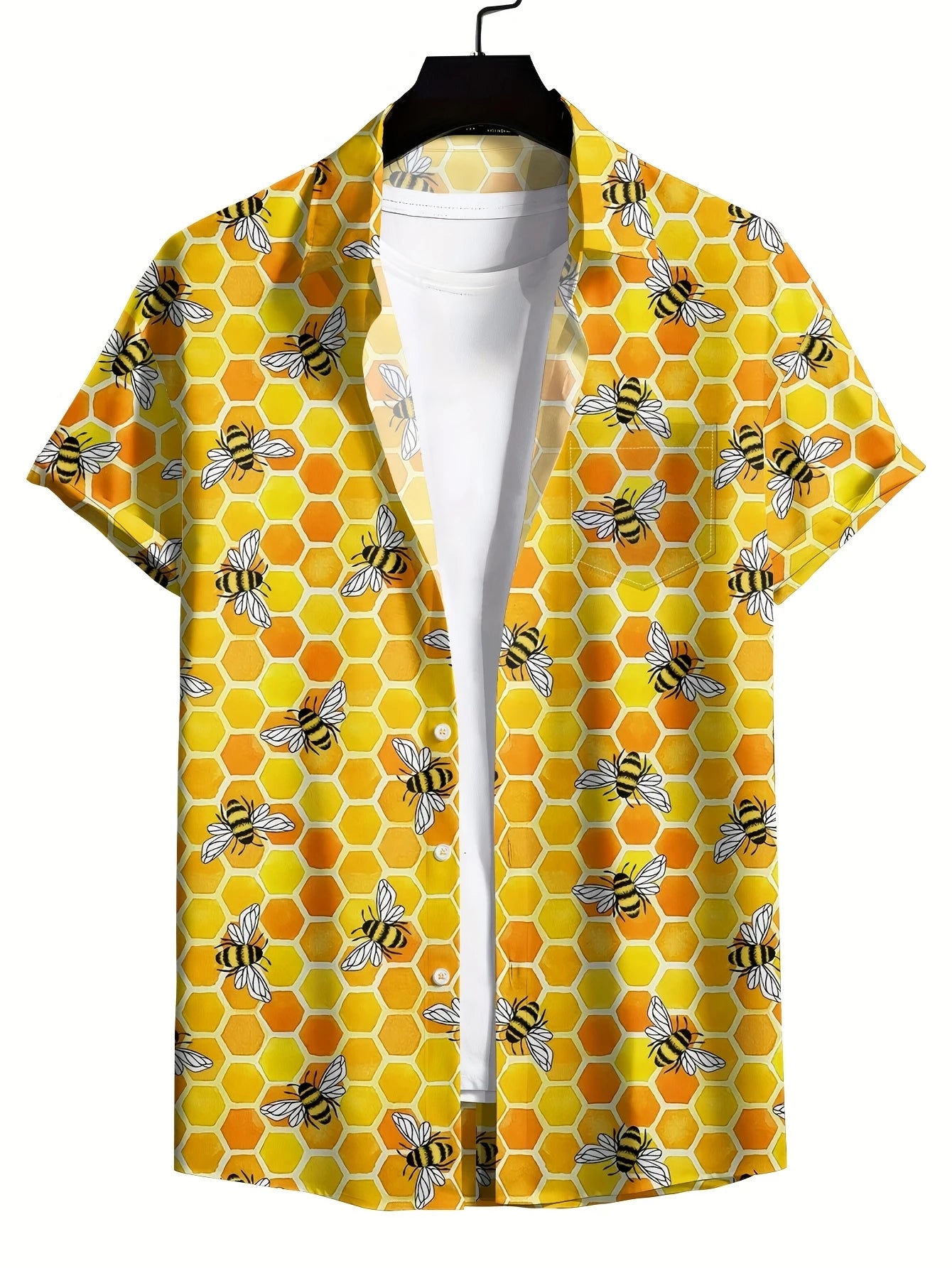 Retro Hawaiian Bee Print Shirt For Men Vacation Casual Short Sleeve Funny Shirts Streetwear Fashion Honey Insect Bee Blouse