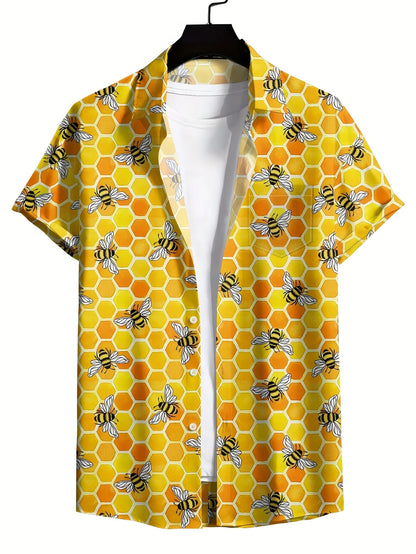 Retro Hawaiian Bee Print Shirt For Men Vacation Casual Short Sleeve Funny Shirts Streetwear Fashion Honey Insect Bee Blouse