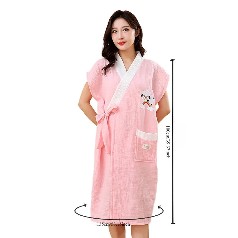 Cotton Gauze Bathrobe for Women  Absorbent Soft Tie Belt Towel for Home & Leisure Comfortable Lounge Dress