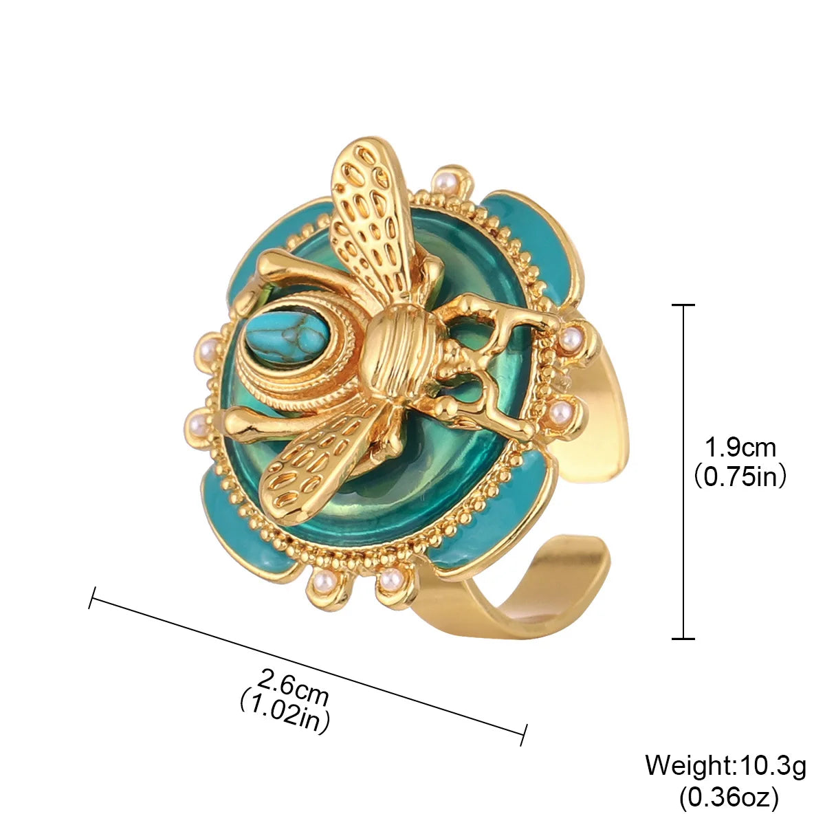 Elegant 18K Gold Plated Bee Charm Jewelry Set - Teal Enamel Ring, Pendant Necklace & Stud Earrings for Women