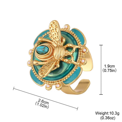 Elegant 18K Gold Plated Bee Charm Jewelry Set - Teal Enamel Ring, Pendant Necklace & Stud Earrings for Women