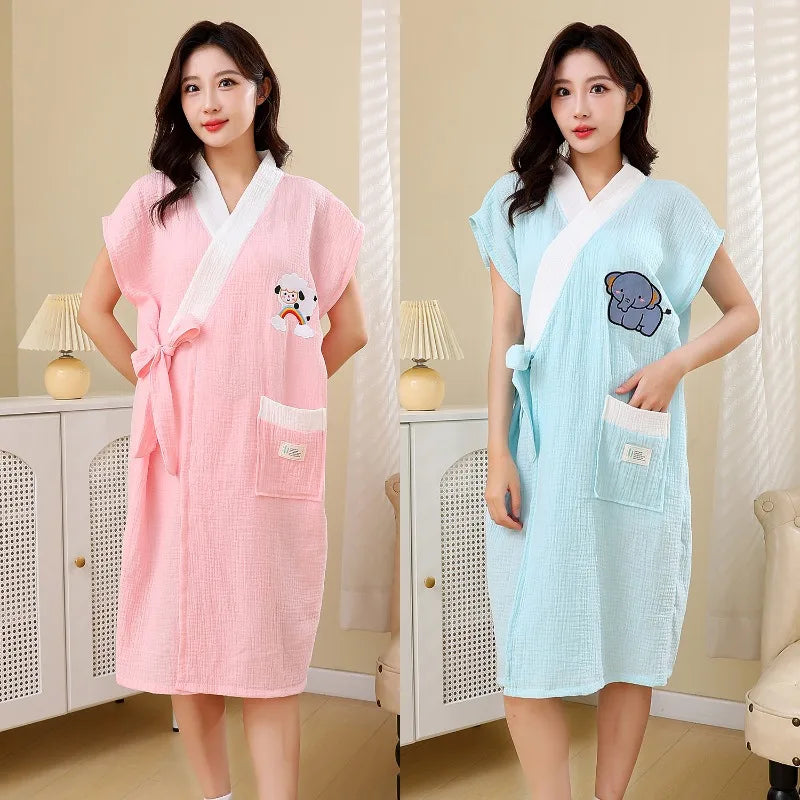 Cotton Gauze Bathrobe for Women  Absorbent Soft Tie Belt Towel for Home & Leisure Comfortable Lounge Dress