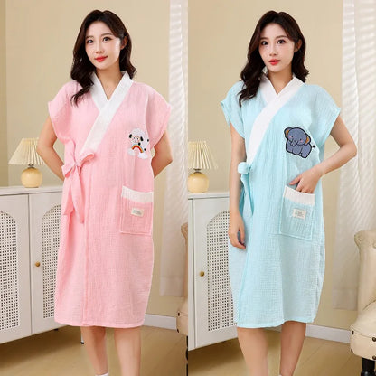 Cotton Gauze Bathrobe for Women  Absorbent Soft Tie Belt Towel for Home & Leisure Comfortable Lounge Dress