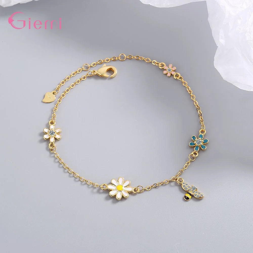 Colorful Bee Flower Pendant Bracelet Genuine 925 Sterling Silver Bracelet For Women Girls Wedding Party Jewelry Accessories