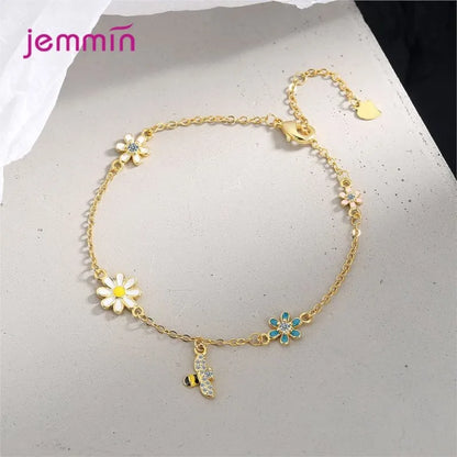Colorful Bee Flower Pendant Bracelet For Women Girls Genuine 925 Sterling Silver Bracelet Wedding Party Jewelry Accessories