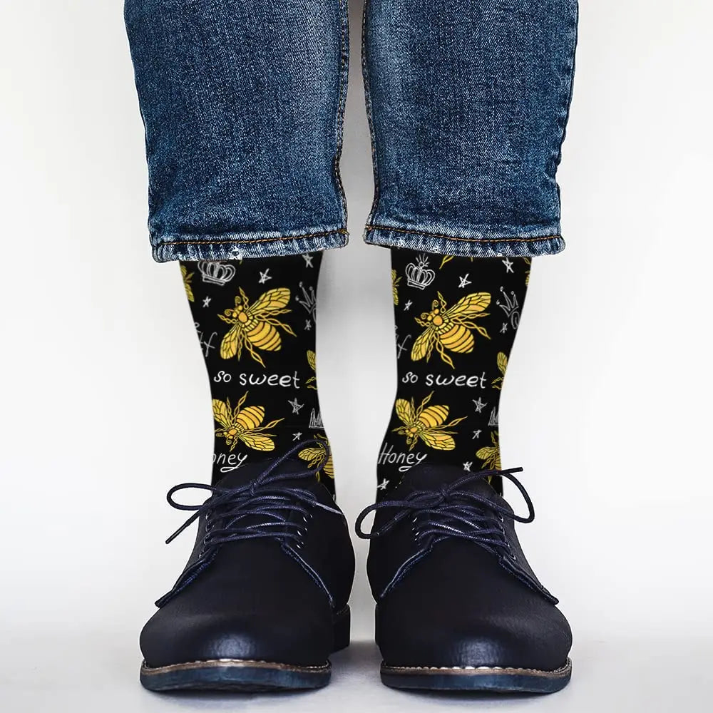 Honey Bee Funny Socks Golden Wings Insect And Queen Crown Black Fashion Style Casual Crew Socks Color Design For Women Men Gift