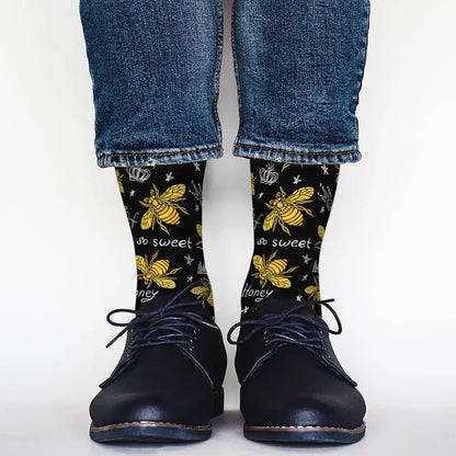 Honey Bee Funny Socks Golden Wings Insect And Queen Crown Black Fashion Style Casual Crew Socks Color Design For Women Men Gift