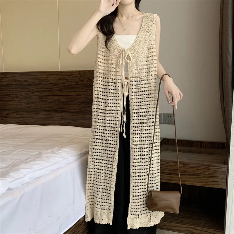 Boring Honey Women Tops Retro Openwork Sleeveless Cardigan Draped Over Loose High-End Long Sunscreen Blouse Fashion Vest Dress