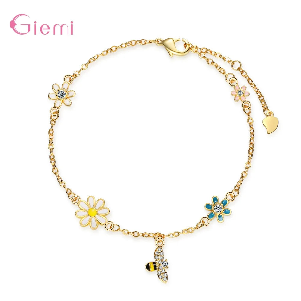 Colorful Bee Flower Pendant Bracelet Genuine 925 Sterling Silver Bracelet For Women Girls Wedding Party Jewelry Accessories