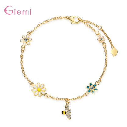 Colorful Bee Flower Pendant Bracelet Genuine 925 Sterling Silver Bracelet For Women Girls Wedding Party Jewelry Accessories