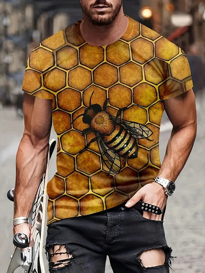 Men's Casual Honeycomb Bee Print T-Shirt Casual Round Neck Short Sleeve Tshirts Clothes New In Funny Bee Graphic T Shirts Tops