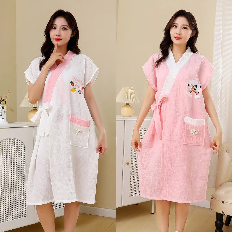 Cotton Gauze Bathrobe for Women  Absorbent Soft Tie Belt Towel for Home & Leisure Comfortable Lounge Dress