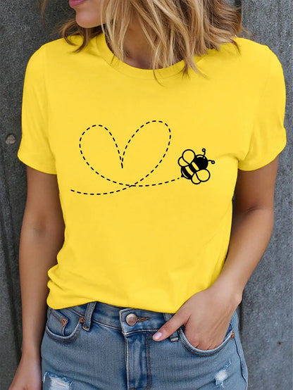 Women's Honeybee Heart-Shaped T-Shirt Cute Printed Round Neck Short Sleeve Animal Lover Top Graphic Tees Women Tops
