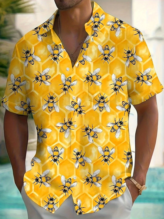 Retro Hawaiian Bee Print Shirt For Men Vacation Casual Short Sleeve Funny Shirts Streetwear Fashion Honey Insect Bee Blouse