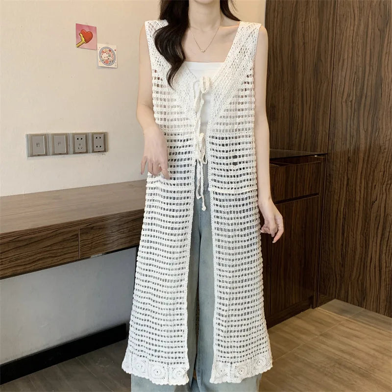 Boring Honey Women Tops Retro Openwork Sleeveless Cardigan Draped Over Loose High-End Long Sunscreen Blouse Fashion Vest Dress