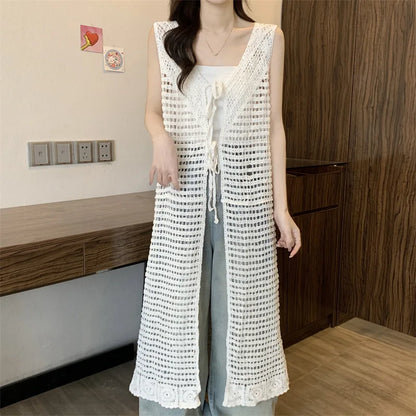 Boring Honey Women Tops Retro Openwork Sleeveless Cardigan Draped Over Loose High-End Long Sunscreen Blouse Fashion Vest Dress