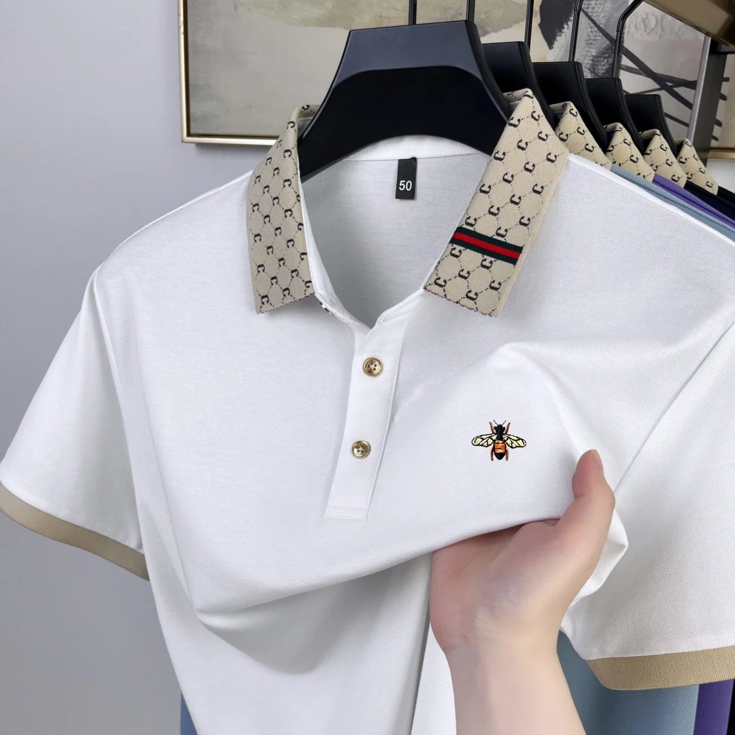 High quality honey bee embroidered short sleeve men polo shirt summer new T-shirt brand letter jacquard lapel casual trendy top