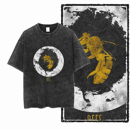 DE BEES Printed Acid Washed Cotton Exclusive Graphic Unisex T Shirt Cool Vintage Streetwear Men Tshirts Big Size Tee for Men