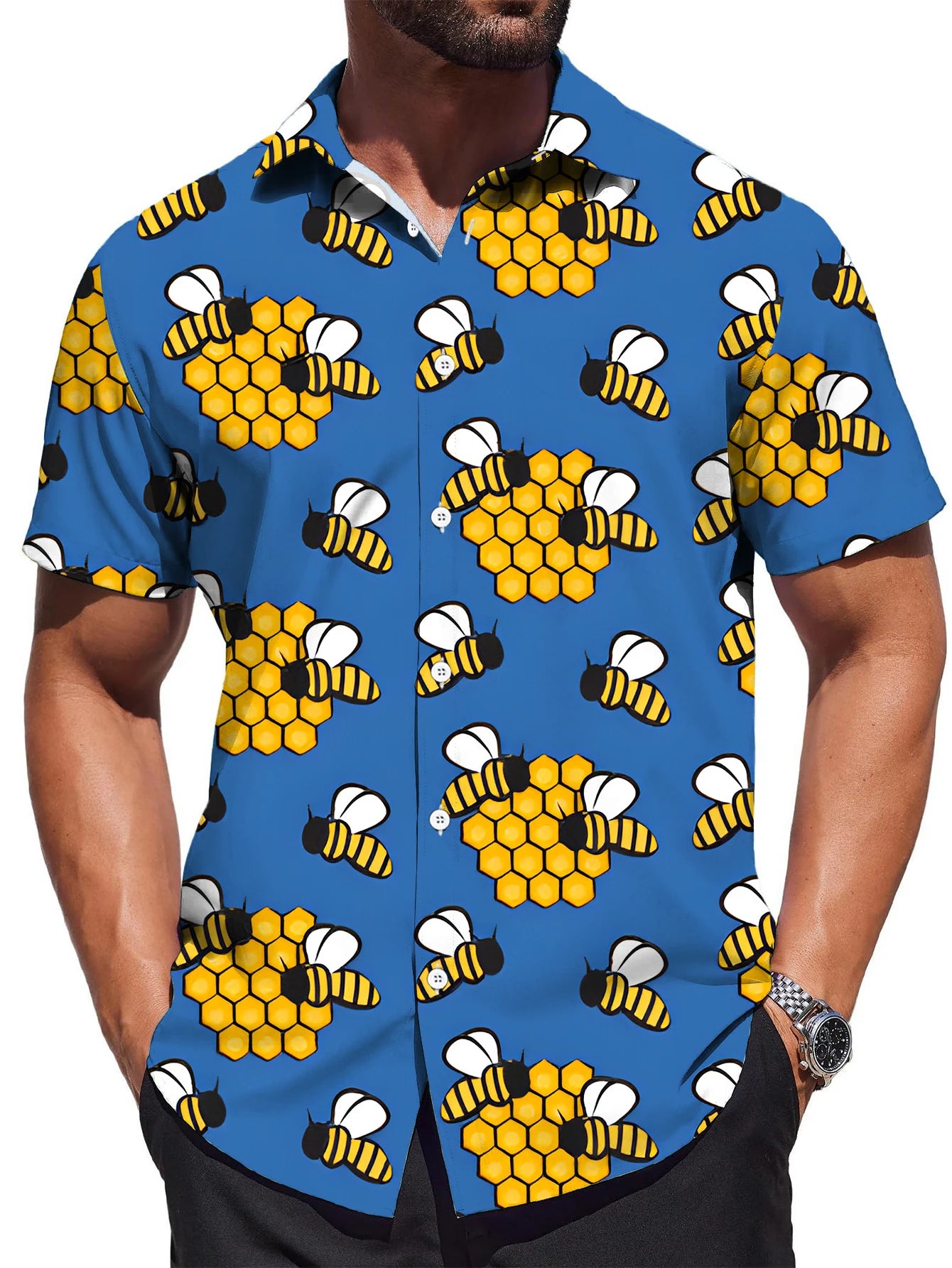Retro Hawaiian Bee Print Shirt For Men Vacation Casual Short Sleeve Funny Shirts Streetwear Fashion Honey Insect Bee Blouse