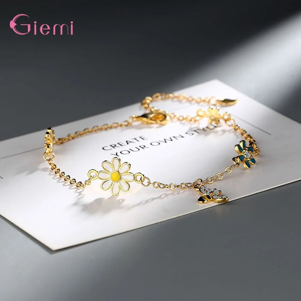 Colorful Bee Flower Pendant Bracelet Genuine 925 Sterling Silver Bracelet For Women Girls Wedding Party Jewelry Accessories