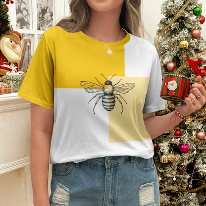 Yellow And White Women's T-shirt With Bee Pattern Design - Summer Casual Style Round Neck Short Sleeve